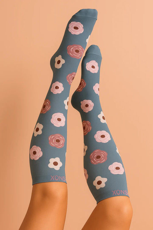 Çiçek Desenli Gri Kompresyon Çorapları